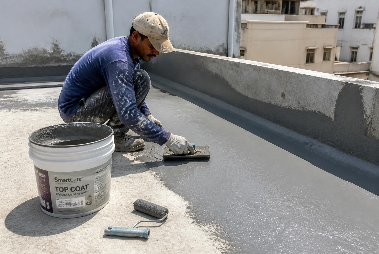 Colocación de mortero cementicio acrílico impermeable sobre losa de concreto en azotea