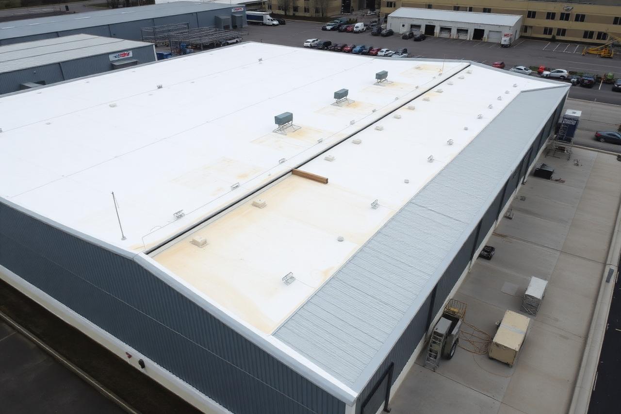 Cubierta de nave industrial impermeabilizada con espuma de poliuretano proyectada